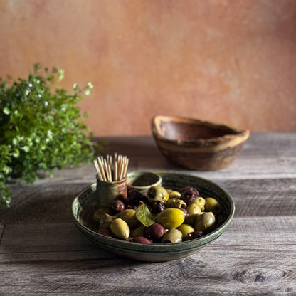 Holman Pottery Olive Serving Dish with Cups for Picks and Pits, Each One Unique