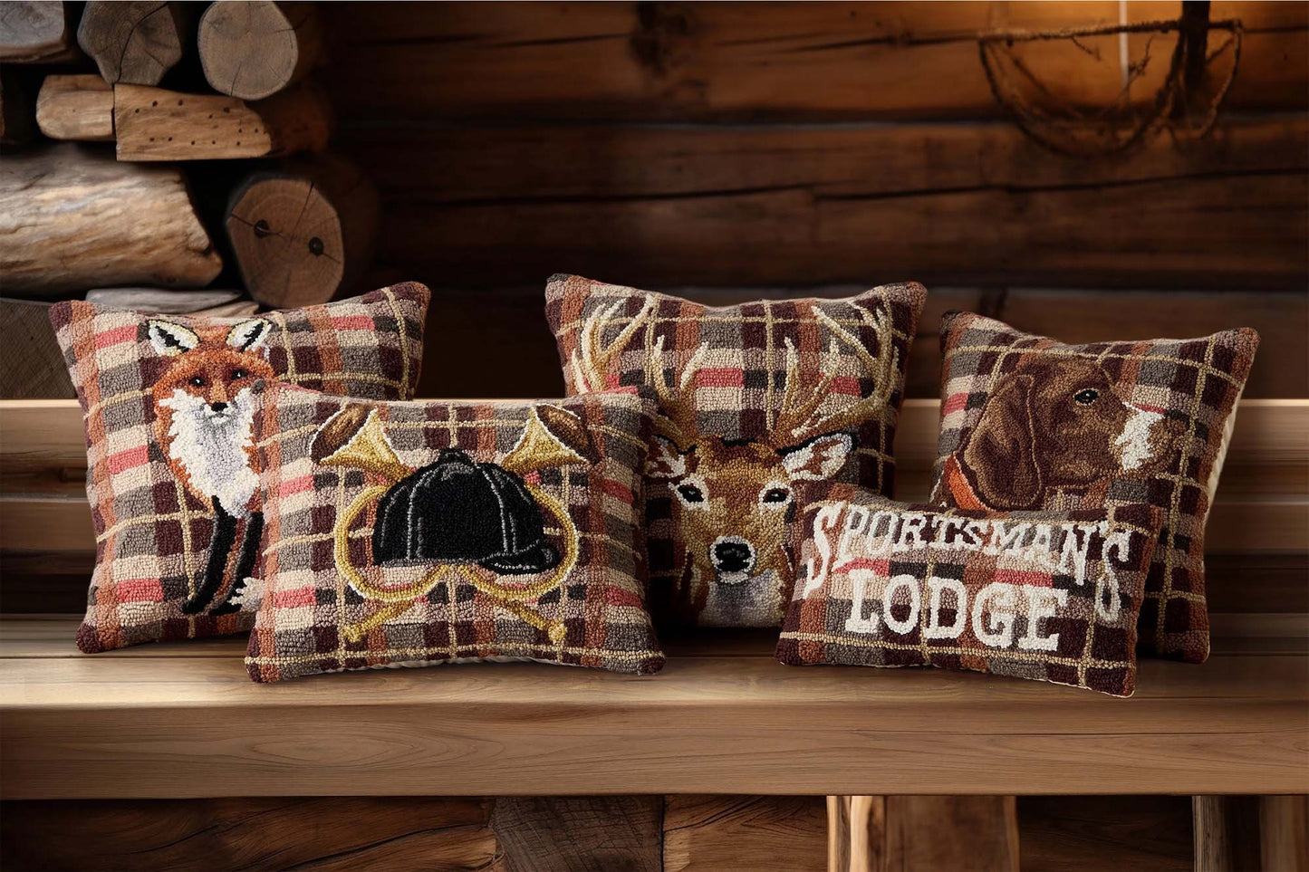 Fox Tartan Plaid 18" Square Hooked Wool Throw Pillow, Brown Multi