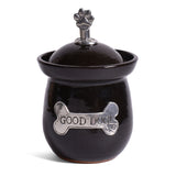 American Handmade Good Dog! Small Treat Jar with Pewter Plaque and Paw Print Finial by MudWorks Pottery, Black