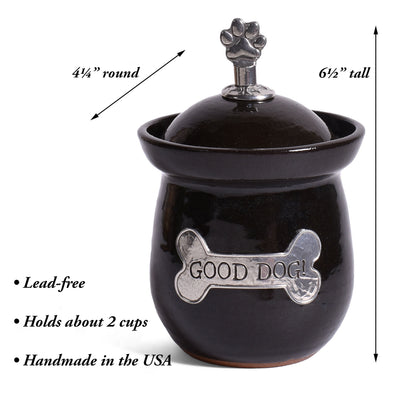 American Handmade Good Dog! Small Treat Jar with Pewter Plaque and Paw Print Finial by MudWorks Pottery, Black