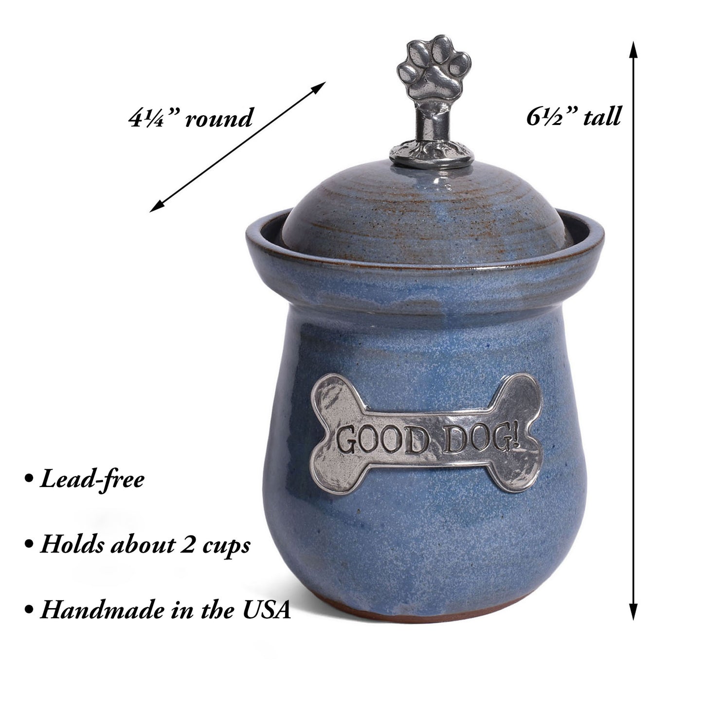 American Handmade Good Dog! Small Treat Jar with Pewter Plaque and Paw Print Finial by MudWorks Pottery, Barrington Blue