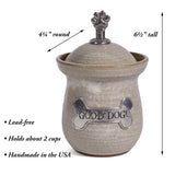 American Handmade Good Dog! Small Treat Jar with Pewter Plaque and Paw Print Finial by MudWorks Pottery, Sandstone Beige
