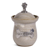 American Handmade Good Dog! Small Treat Jar with Pewter Plaque and Paw Print Finial by MudWorks Pottery, Sandstone Beige