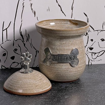 American Handmade Good Dog! Small Treat Jar with Pewter Plaque and Paw Print Finial by MudWorks Pottery, Sandstone Beige