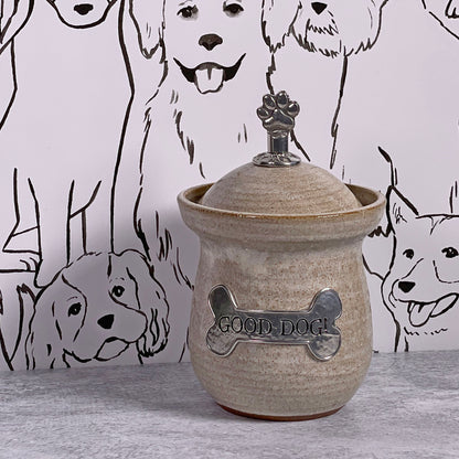 American Handmade Good Dog! Small Treat Jar with Pewter Plaque and Paw Print Finial by MudWorks Pottery, Sandstone Beige