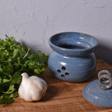American Handmade Garlic Keeper Jar with Pewter Plaque by MudWorks Pottery, Barrington Blue