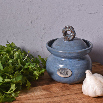 American Handmade Garlic Keeper Jar with Pewter Plaque by MudWorks Pottery, Barrington Blue