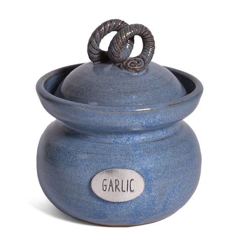 American Handmade Garlic Keeper Jar with Pewter Plaque by MudWorks Pottery, Barrington Blue