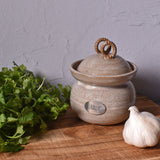 American Handmade Garlic Keeper Jar with Pewter Plaque by MudWorks Pottery, Sandstone Beige