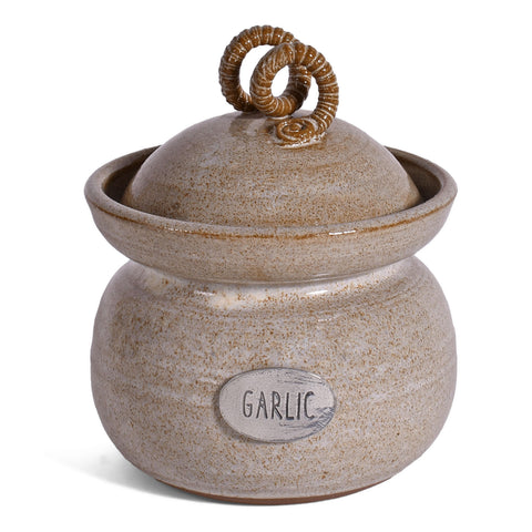 American Handmade Garlic Keeper Jar with Pewter Plaque by MudWorks Pottery, Sandstone Beige