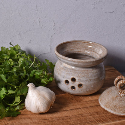 American Handmade Garlic Keeper Jar with Pewter Plaque by MudWorks Pottery, Sandstone Beige