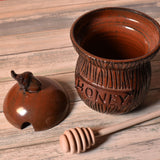 MudWorks Pottery Honey Jar, Carved Wood Pattern with Acorn Knob Lid and Dipper