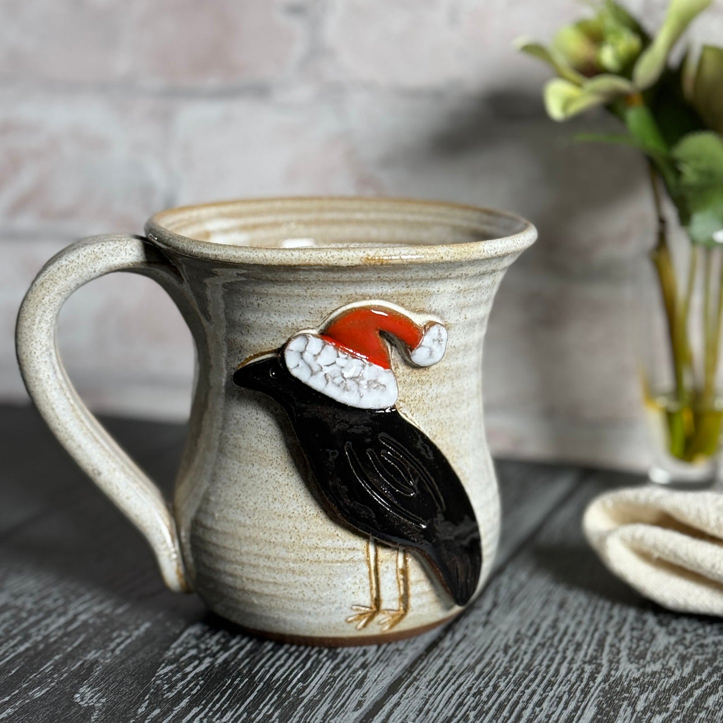Christmas Crow with Santa Cap Coffee Mug by MudWorks Pottery, Handmade in the USA