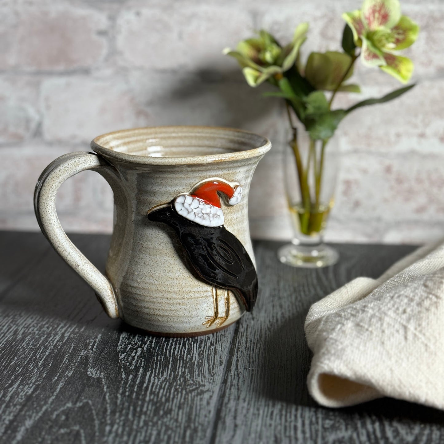 Christmas Crow with Santa Cap Coffee Mug by MudWorks Pottery, Handmade in the USA
