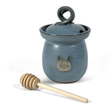 American Handmade Honey Jar with Cat Face Pewter Plaque by MudWorks Pottery, Barrington Blue