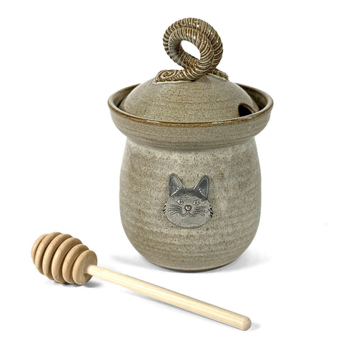 American Handmade Honey Jar with Cat Face Pewter Plaque by MudWorks Pottery, Sandstone Beige
