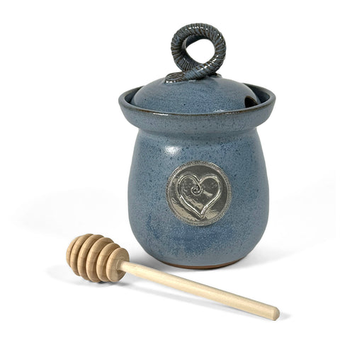 American Handmade Honey Jar with Heart Motif Pewter Plaque by MudWorks Pottery, Barrington Blue
