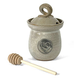 American Handmade Honey Jar with Heart Motif Pewter Plaque by MudWorks Pottery, Sandstone Beige