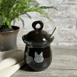 American Handmade Honey Jar with Cat Face Pewter Plaque by MudWorks Pottery, Black