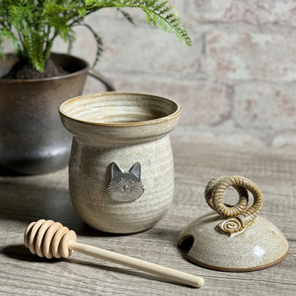 American Handmade Honey Jar with Cat Face Pewter Plaque by MudWorks Pottery, Sandstone Beige