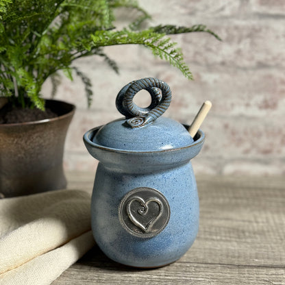 American Handmade Honey Jar with Heart Motif Pewter Plaque by MudWorks Pottery, Barrington Blue
