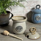 American Handmade Honey Jar with Heart Motif Pewter Plaque by MudWorks Pottery, Sandstone Beige