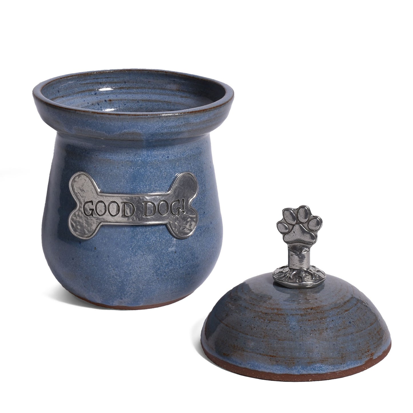 American Handmade Good Dog! Small Treat Jar with Pewter Plaque and Paw Print Finial by MudWorks Pottery, Barrington Blue