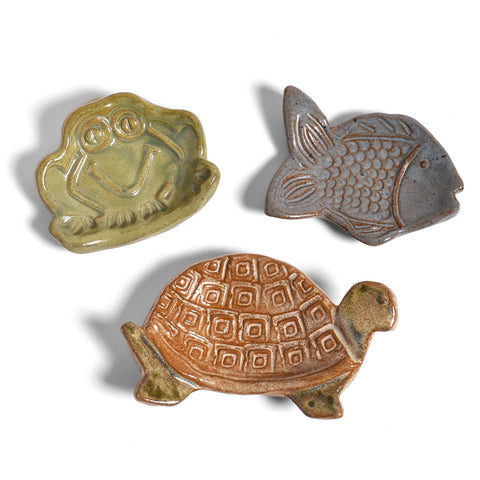 Fish, Frog, and Turtle Teabag Coasters by MudWorks Pottery, Set of 3