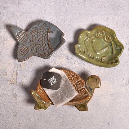 Fish, Frog, and Turtle Teabag Coasters by MudWorks Pottery, Set of 3