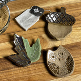 Acorn, Maple Leaf, and Owl Woodland Teabag Coasters by MudWorks Pottery, Set of 3