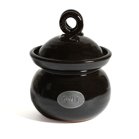 American Handmade Garlic Keeper Jar with Pewter Plaque by MudWorks Pottery, Black