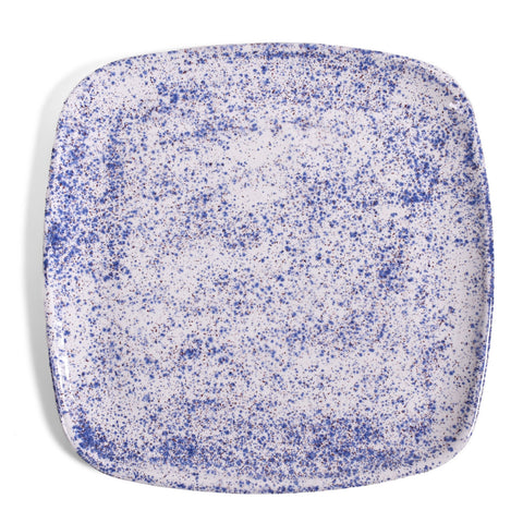 Nori's Wishes Rounded Square Dinner Plate, Handmade American Pottery, Speckled Blue/White