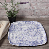 Nori's Wishes Rounded Square Dinner Plate, Handmade American Pottery, Speckled Blue/White