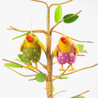 Fair Trade Easter Chick in Overalls Felted Wool Ornament, Set of 2 (Pink, Green)