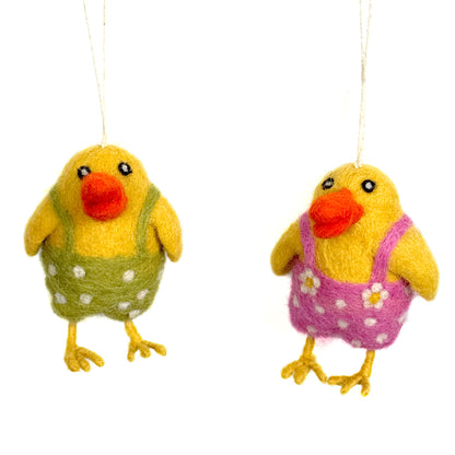 Fair Trade Easter Chick in Overalls Felted Wool Ornament, Set of 2 (Pink, Green)