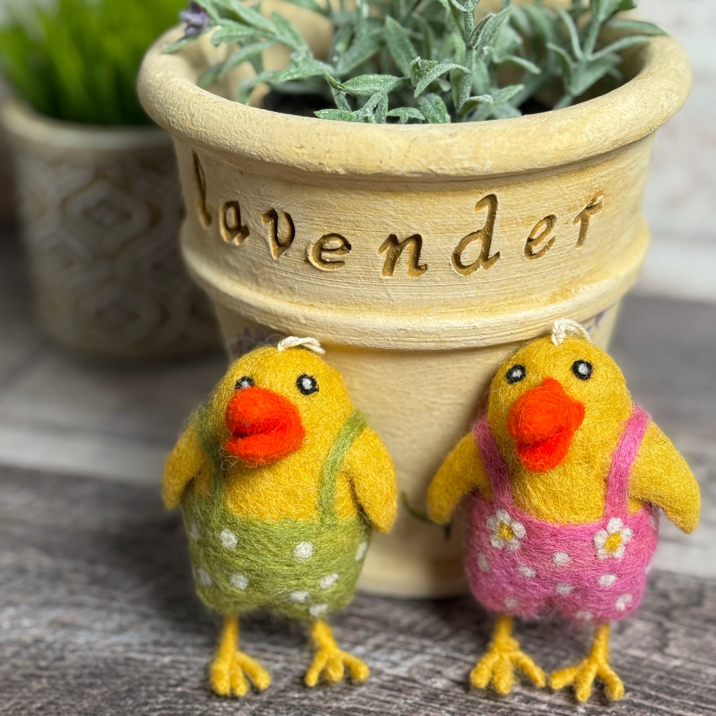 Fair Trade Easter Chick in Overalls Felted Wool Ornament, Set of 2 (Pink, Green)