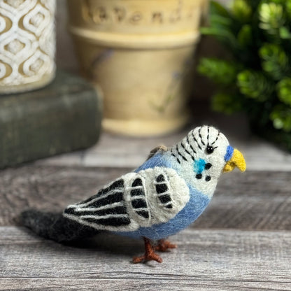Fair Trade Blue Parakeet Felted Wool Ornament, Handmade in Nepal
