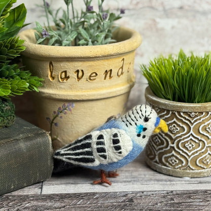 Fair Trade Blue Parakeet Felted Wool Ornament, Handmade in Nepal