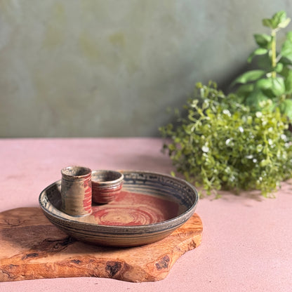 Holman Pottery Olive Serving Dish with Cups for Picks and Pits, Each One Unique