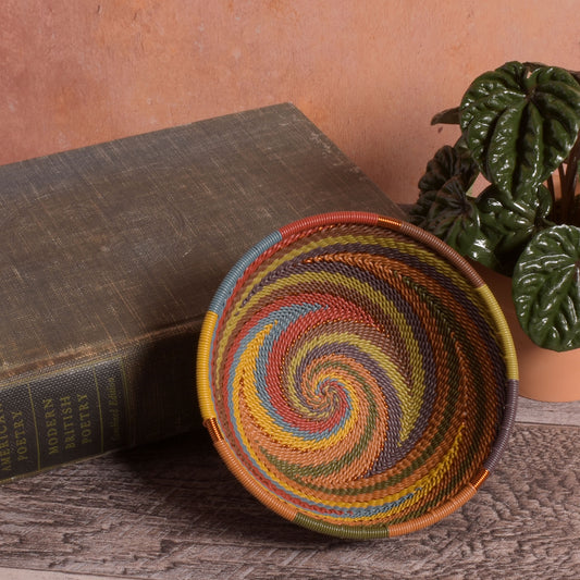 Fair Trade Handwoven Zulu Telephone Wire 4-1/2" Small Round Bowl Basket, Painted Desert Colors, Each One Varies