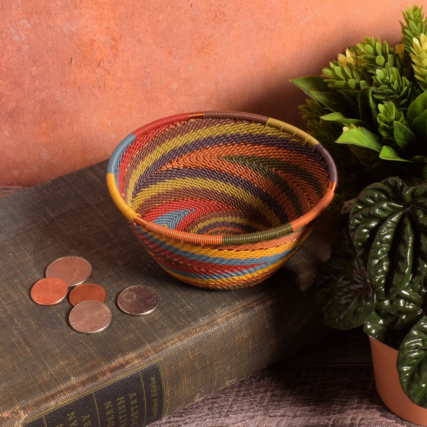 Fair Trade Handwoven Zulu Telephone Wire 4-1/2" Small Round Bowl Basket, Painted Desert Colors, Each One Varies