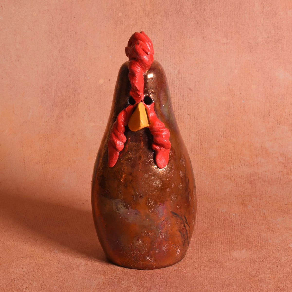 PotTerre Raku Pottery Small Chicken Figurine, Glossy Metallic Finish