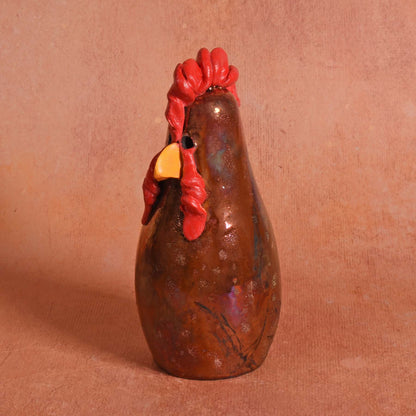 PotTerre Raku Pottery Small Chicken Figurine, Glossy Metallic Finish