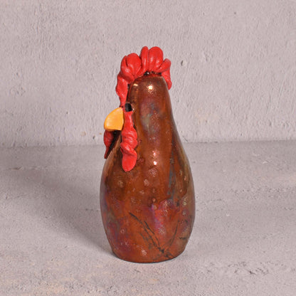 PotTerre Raku Pottery Small Chicken Figurine, Glossy Metallic Finish