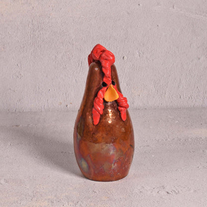 PotTerre Raku Pottery Small Chicken Figurine, Glossy Metallic Finish