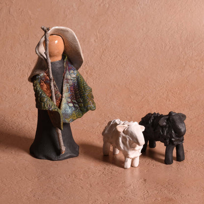 PotTerre Raku Pottery 3-piece Shepherd with Sheep Nativity Figurines