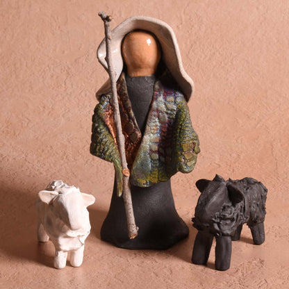 PotTerre Raku Pottery 3-piece Shepherd with Sheep Nativity Figurines