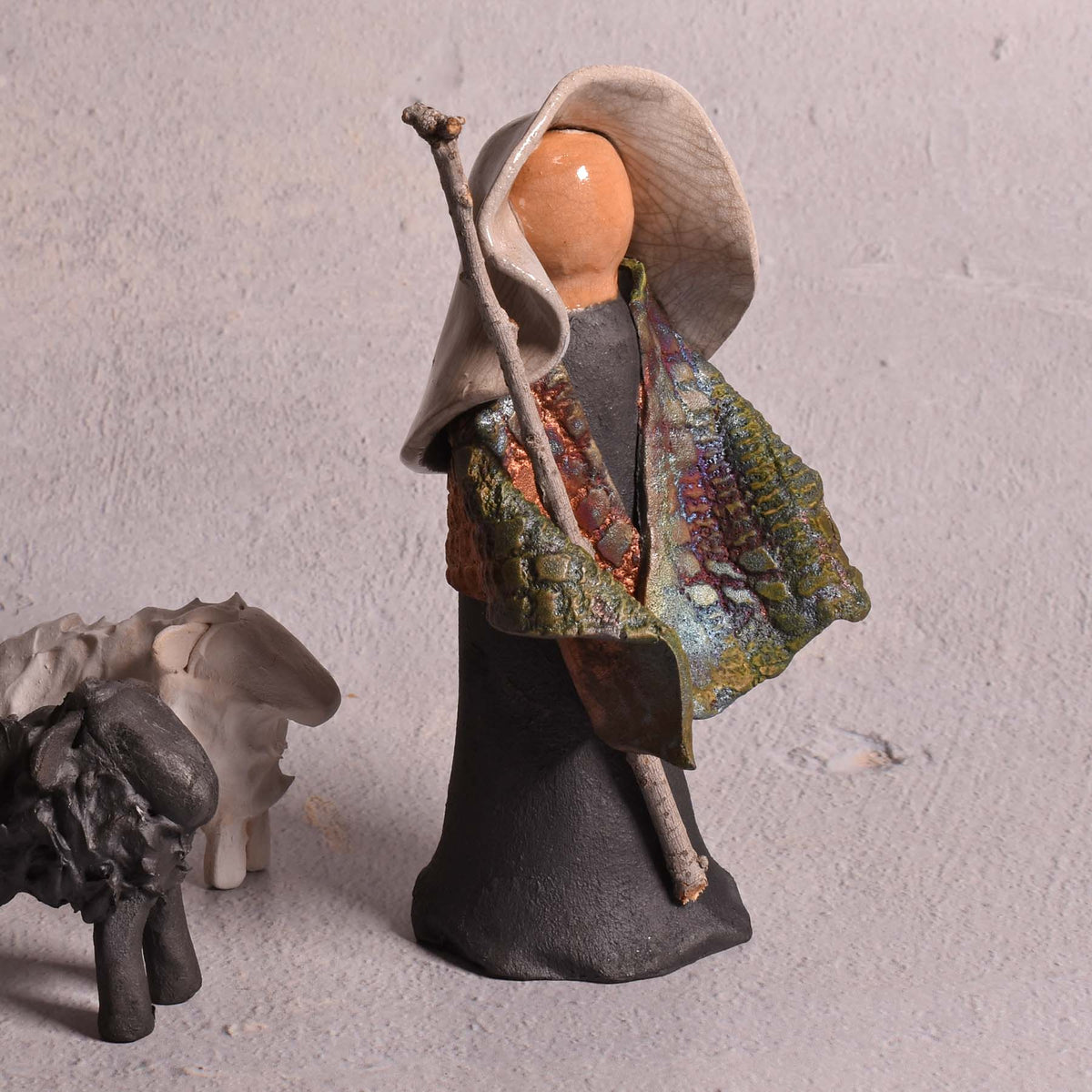 PotTerre Raku Pottery 3-piece Shepherd with Sheep Nativity Figurines