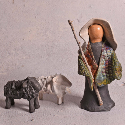PotTerre Raku Pottery 3-piece Shepherd with Sheep Nativity Figurines