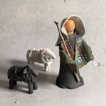 PotTerre Raku Pottery 3-piece Shepherd with Sheep Nativity Figurines